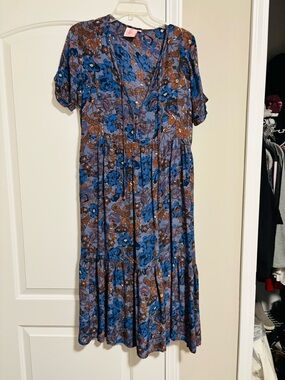 BOBO, Floral V-Neck Midi Dress in Blue and Brown, Size Small